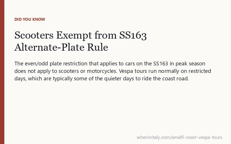 Scooters Exempt from SS163 Alternate-Plate Rule: The even/odd plate restriction that applies to cars on the SS163 in peak season does not apply to scooters or motorcycles.