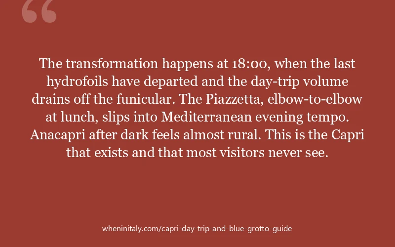 The transformation happens at 18:00, when the last hydrofoils have departed and the day-trip volume drains off the funicular. The Piazzetta, elbow-to-...