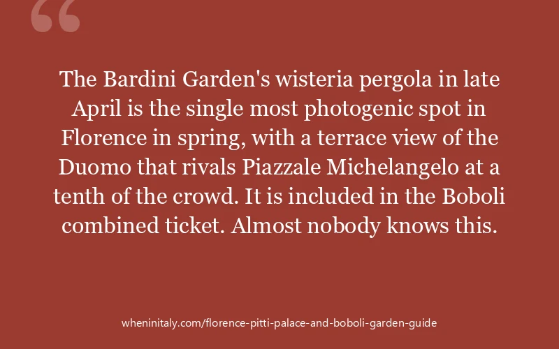 The Bardini Garden's wisteria pergola in late April is the single most photogenic spot in Florence in spring, with a terrace view of the Duomo that ri...