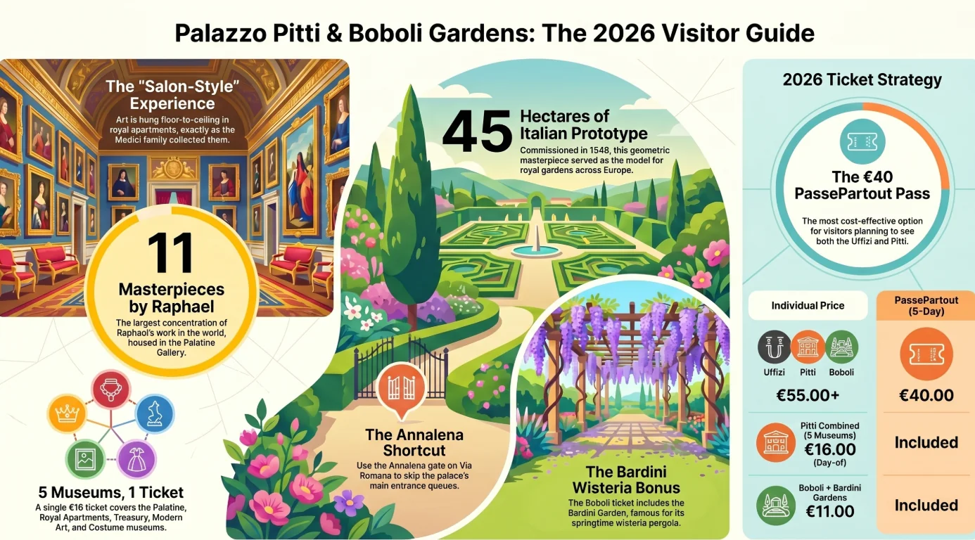 Palazzo Pitti Boboli Gardens Florence 2026 ticket prices: EUR 40 PassePartout covers Uffizi, Pitti and Boboli; EUR 16 Pitti combined (5 museums); EUR 11 Boboli plus Bardini; 11 Raphaels in Palatine Gallery; Annalena gate shortcut to skip queues; Bardini wisteria included with Boboli ticket
