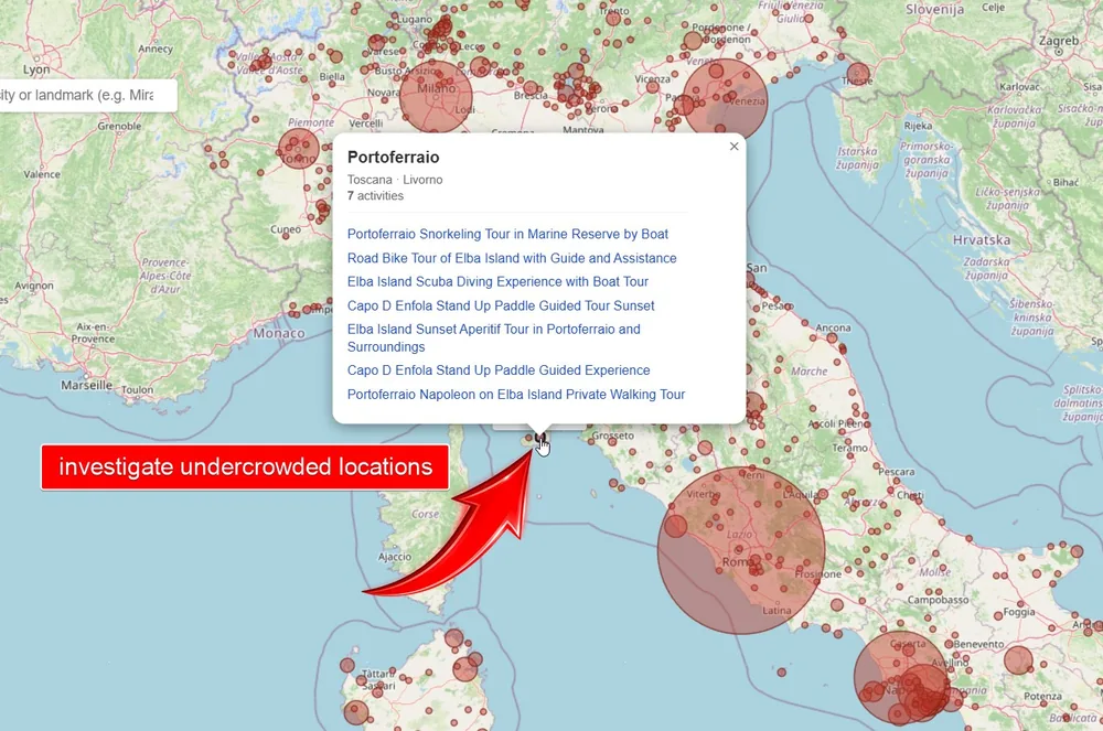 Italy map showing red circles of varying sizes; popup open on Portoferraio (Toscana, Livorno) listing 7 activities including snorkeling tours, scuba diving on Elba island, and stand-up paddle experiences.