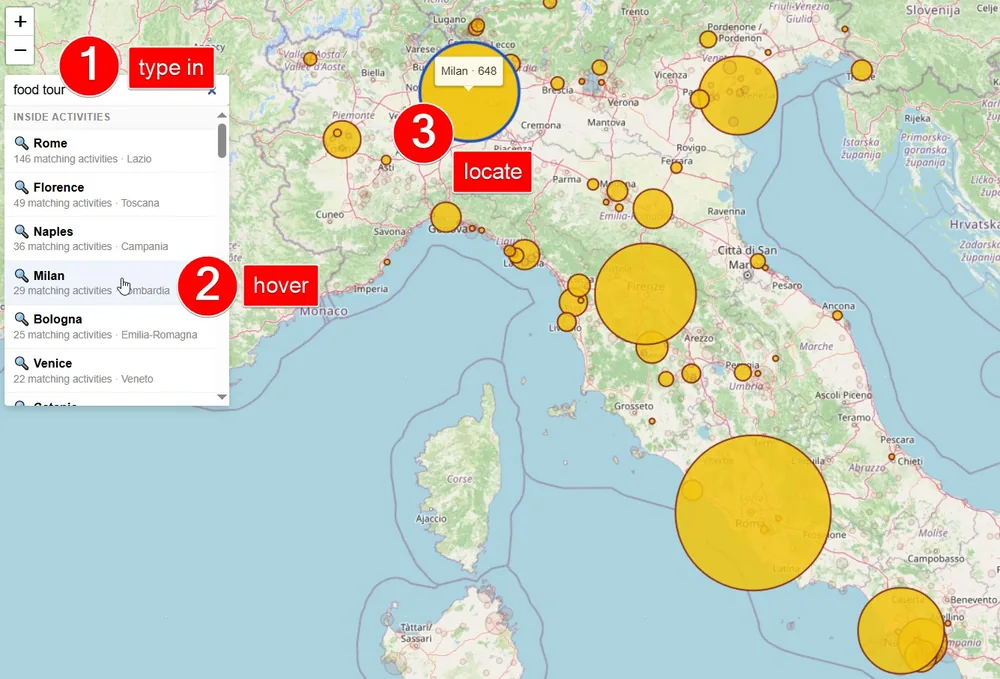 Search box with 'food tour' typed; suggestions list shows Rome, Florence, Naples, Milan, Bologna, Venice with matching activity counts; matching cities highlighted yellow on the Italy map; hover preview spotlights Milan.