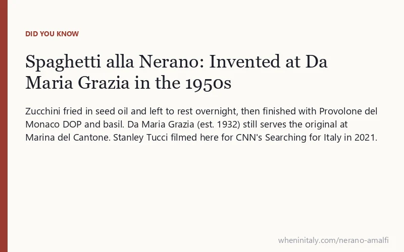 Spaghetti alla Nerano: Invented at Da Maria Grazia in the 1950s: Zucchini fried in seed oil and left to rest overnight, then finished with Provolone del Monaco DOP and basil.