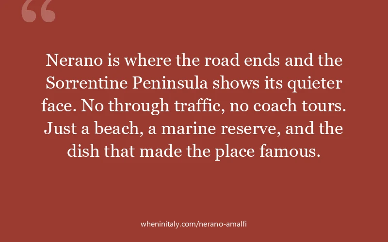 Nerano is where the road ends and the Sorrentine Peninsula shows its quieter face. No through traffic, no coach tours. Just a beach, a marine reserve,...