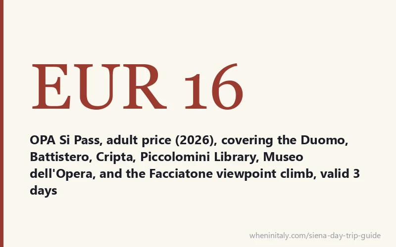 EUR 16 - OPA Si Pass, adult price (2026), covering the Duomo, Battistero, Cripta, Piccolomini Library, Museo dell'Opera, and the Facciatone viewpoint climb, valid 3 days