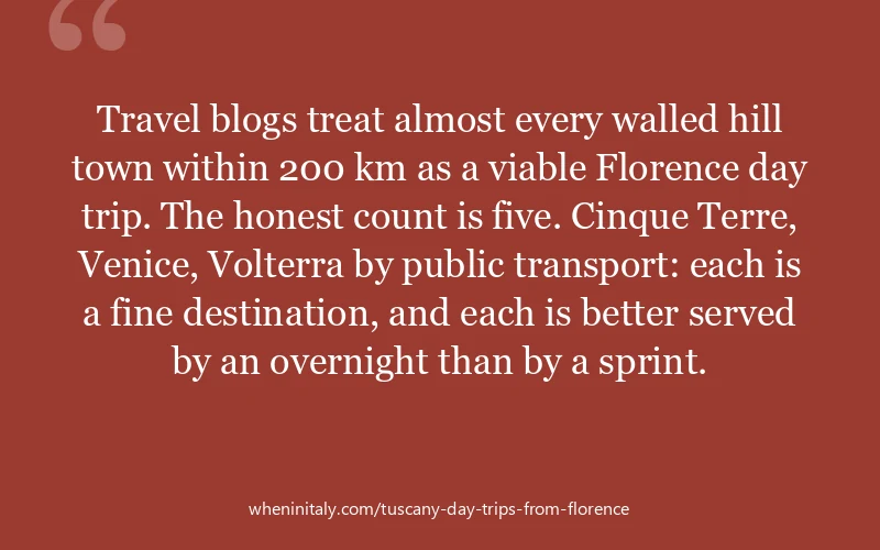 Travel blogs treat almost every walled hill town within 200 km as a viable Florence day trip. The honest count is five. Cinque Terre, Venice, Volterra...