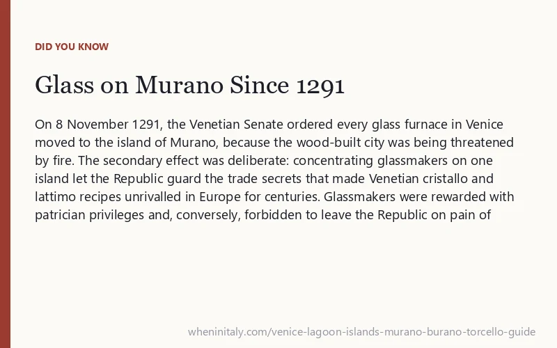 Glass on Murano Since 1291: On 8 November 1291, the Venetian Senate ordered every glass furnace in Venice moved to the island of Murano, because the wood-built city was being threatened by fire.